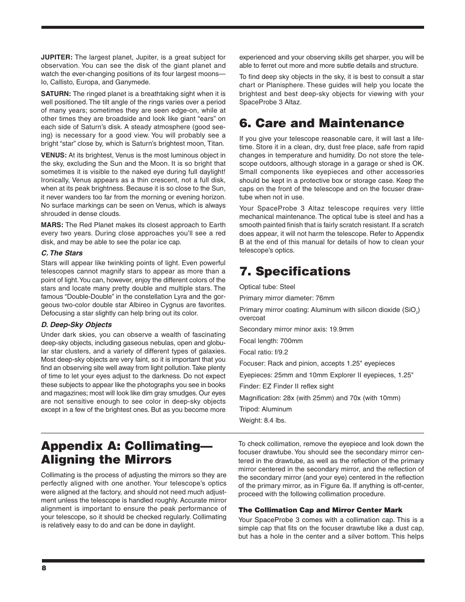 Care and maintenance, Specifications, Appendix a: collimating— aligning the mirrors | Orion SPACEPROBE 3 ALTAZ 9883 User Manual | Page 8 / 12