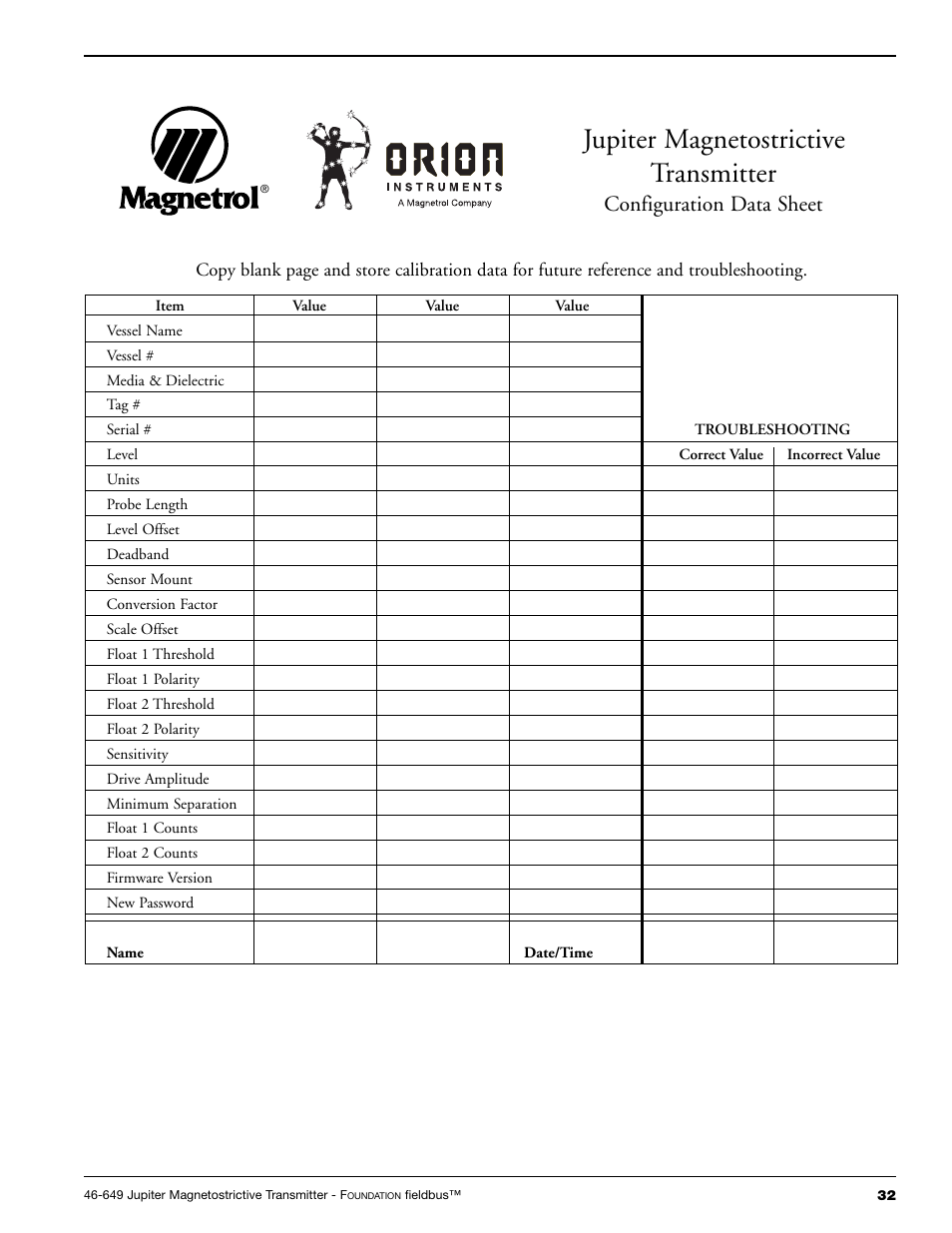 Jupiter magnetostrictive transmitter, Configuration data sheet | Orion 2xx User Manual | Page 35 / 36