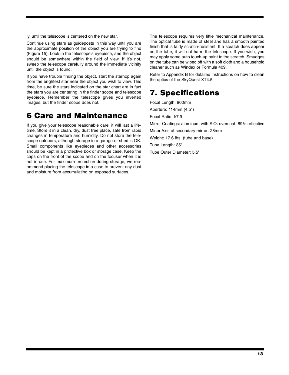 6 care and maintenance, Specifications | Orion XT4.5 User Manual | Page 13 / 16