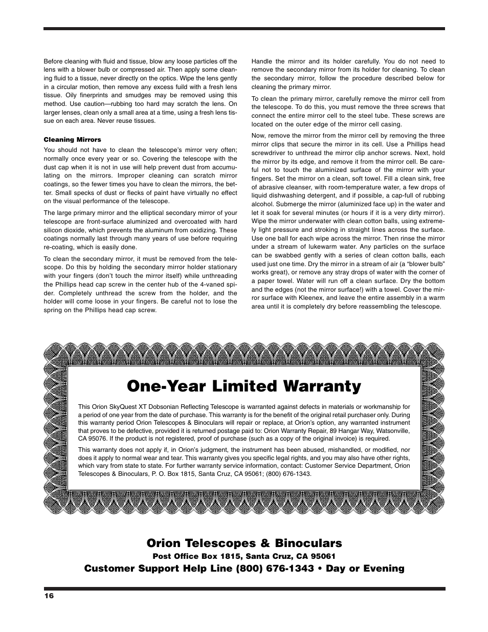 One-year limited warranty, Orion telescopes & binoculars | Orion XT4.5 User Manual | Page 16 / 16