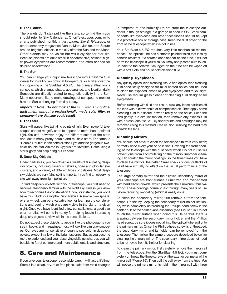 Care and maintenance | Orion starBlast 4.5 EQ User Manual | Page 13 / 14