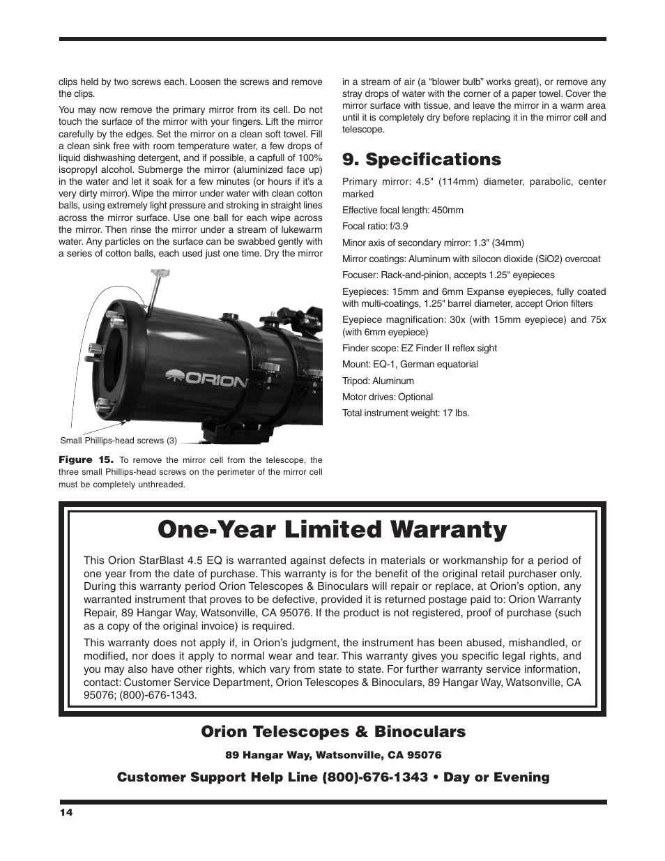 One‑year limited warranty, Specifications, Orion telescopes & binoculars | Orion starBlast 4.5 EQ User Manual | Page 14 / 14