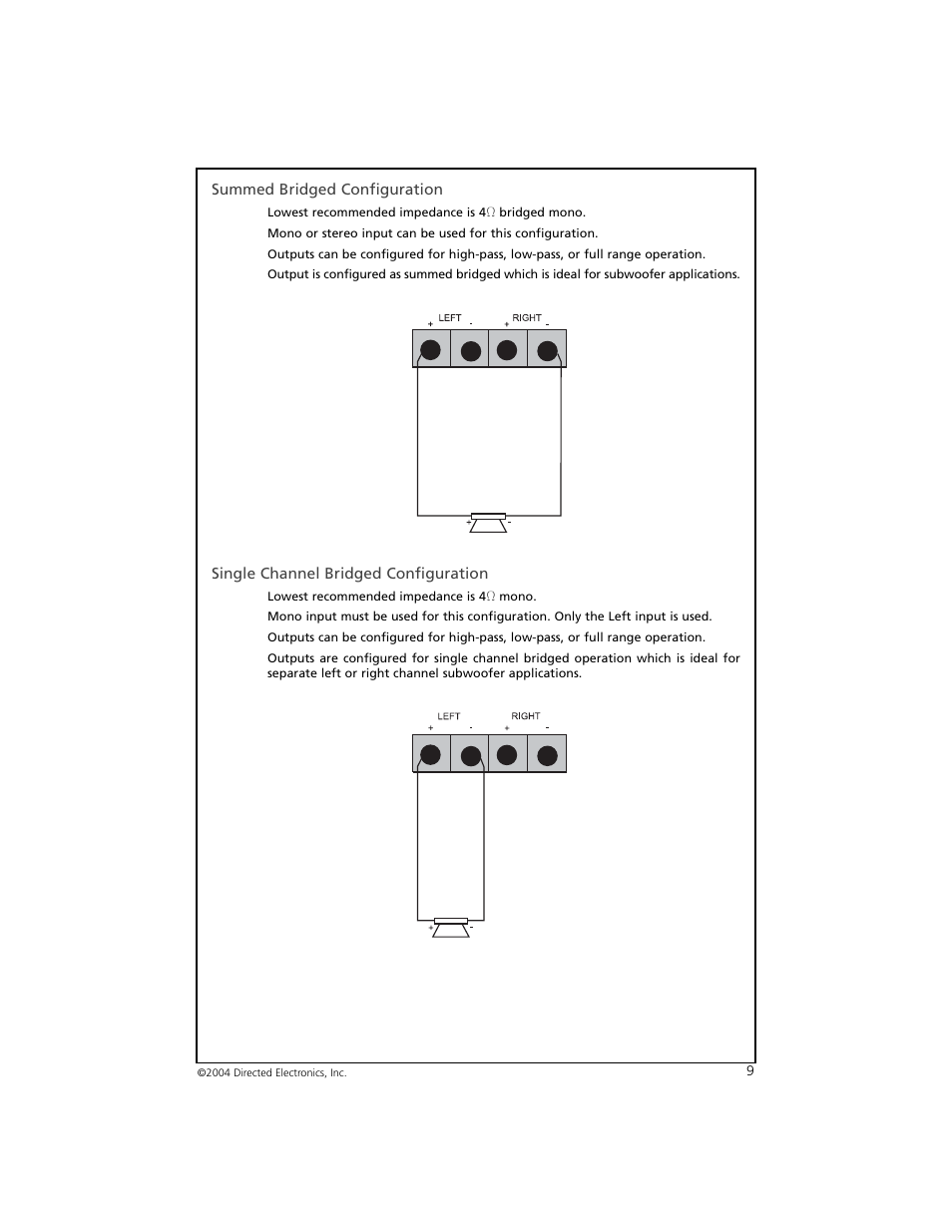Summed bridged configuration, Single channel bridged configuration | Orion 3002 User Manual | Page 10 / 19