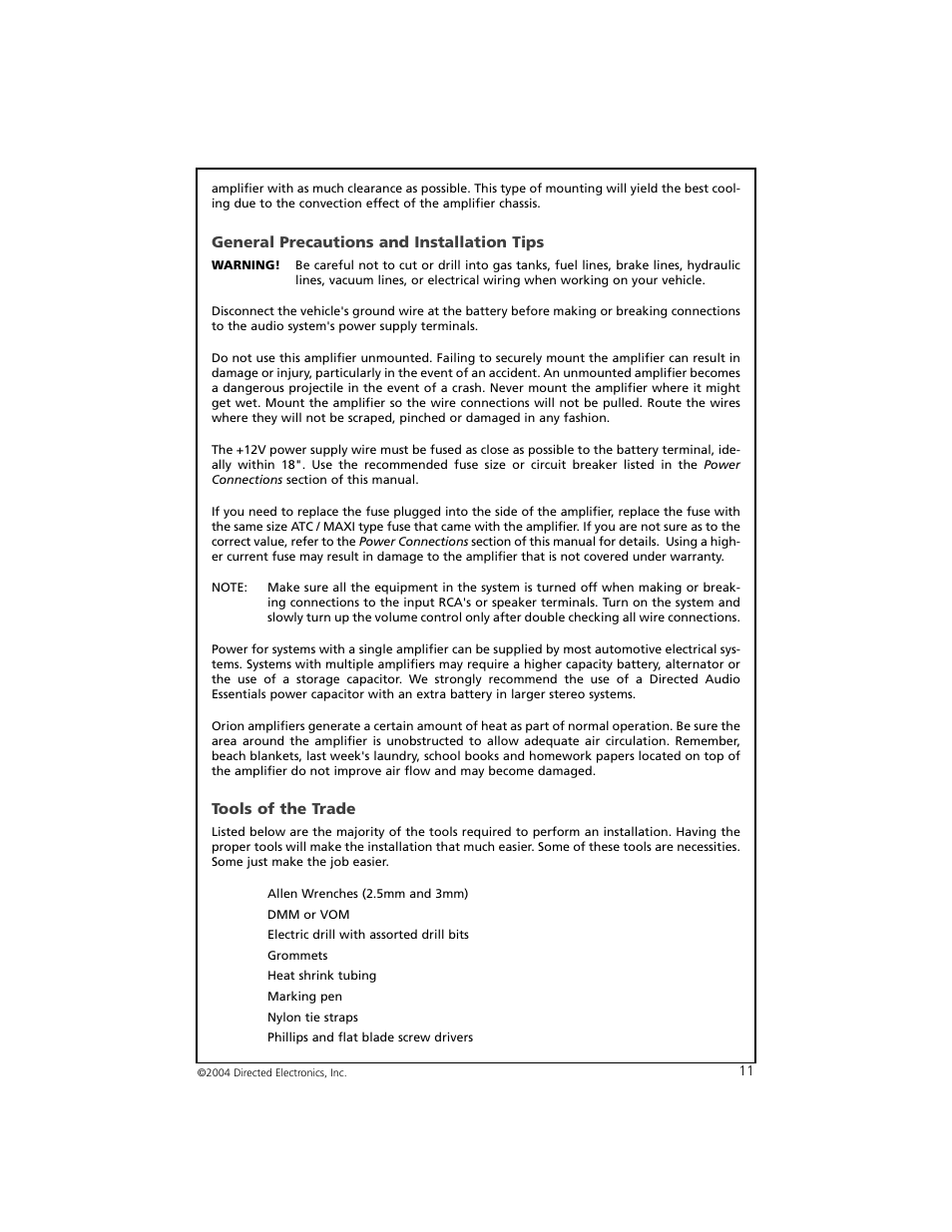 General precautions and installation tips, Tools of the trade | Orion 3002 User Manual | Page 12 / 19