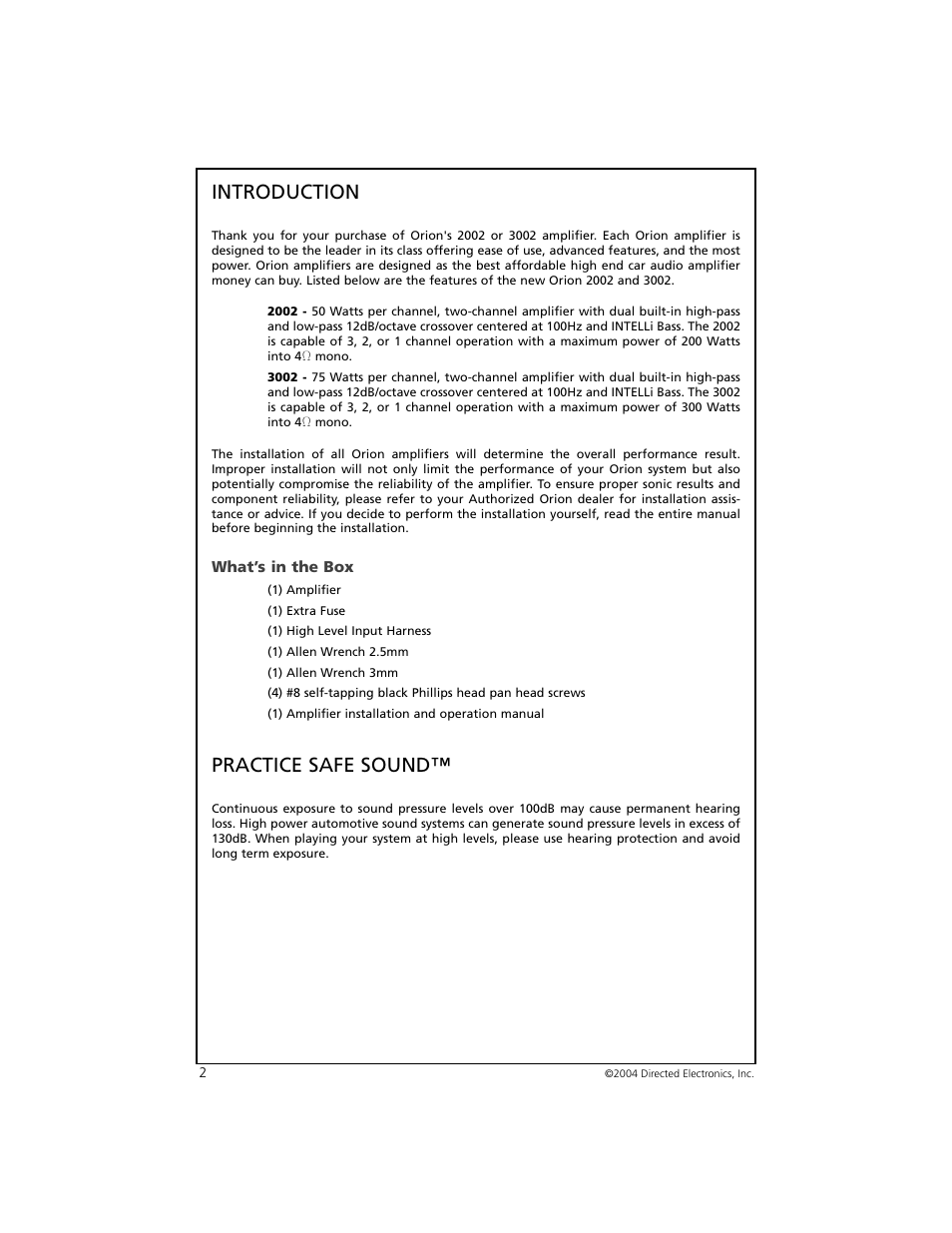 Introduction, Practice safe sound | Orion 3002 User Manual | Page 3 / 19