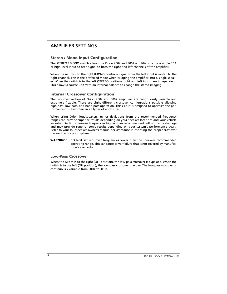 Amplifier settings | Orion 3002 User Manual | Page 7 / 19