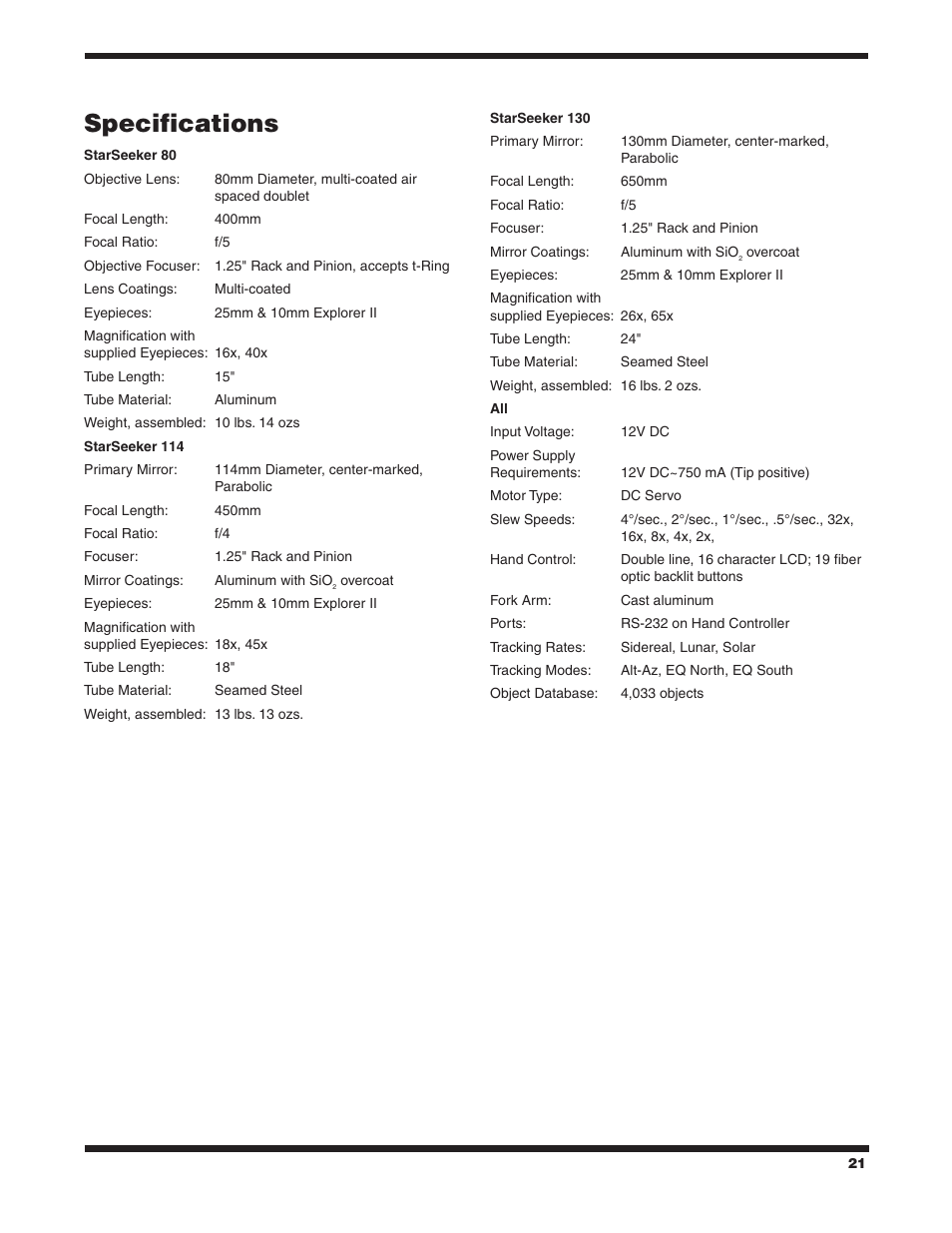 Specifications | Orion 9533 User Manual | Page 21 / 34