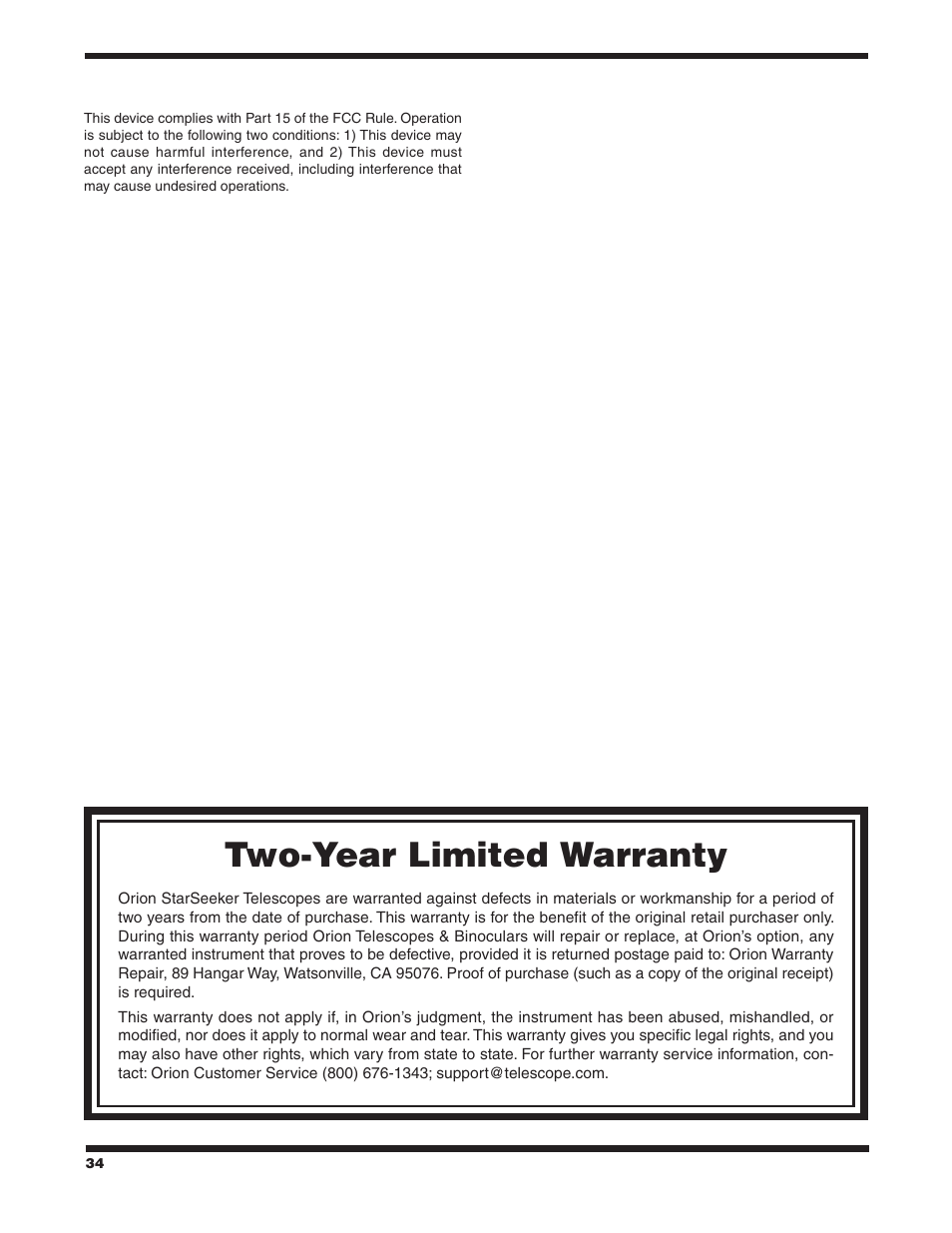 Two‑year limited warranty | Orion 9533 User Manual | Page 34 / 34