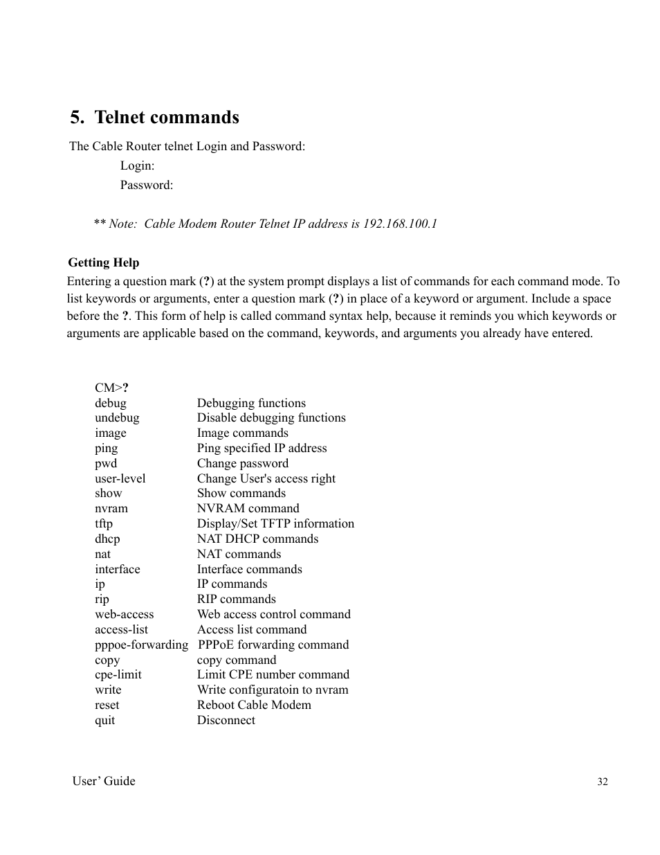 Telnet commands | Orion 2000 User Manual | Page 32 / 80