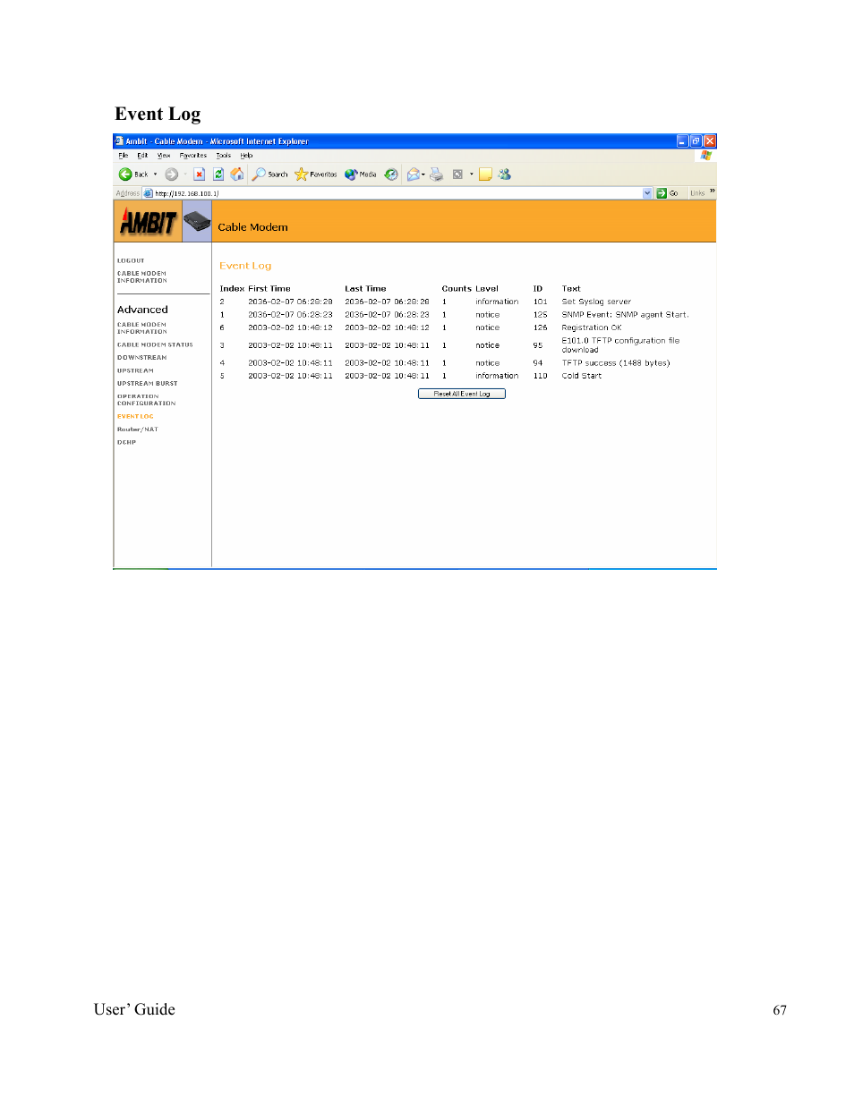 Event log | Orion 2000 User Manual | Page 67 / 80