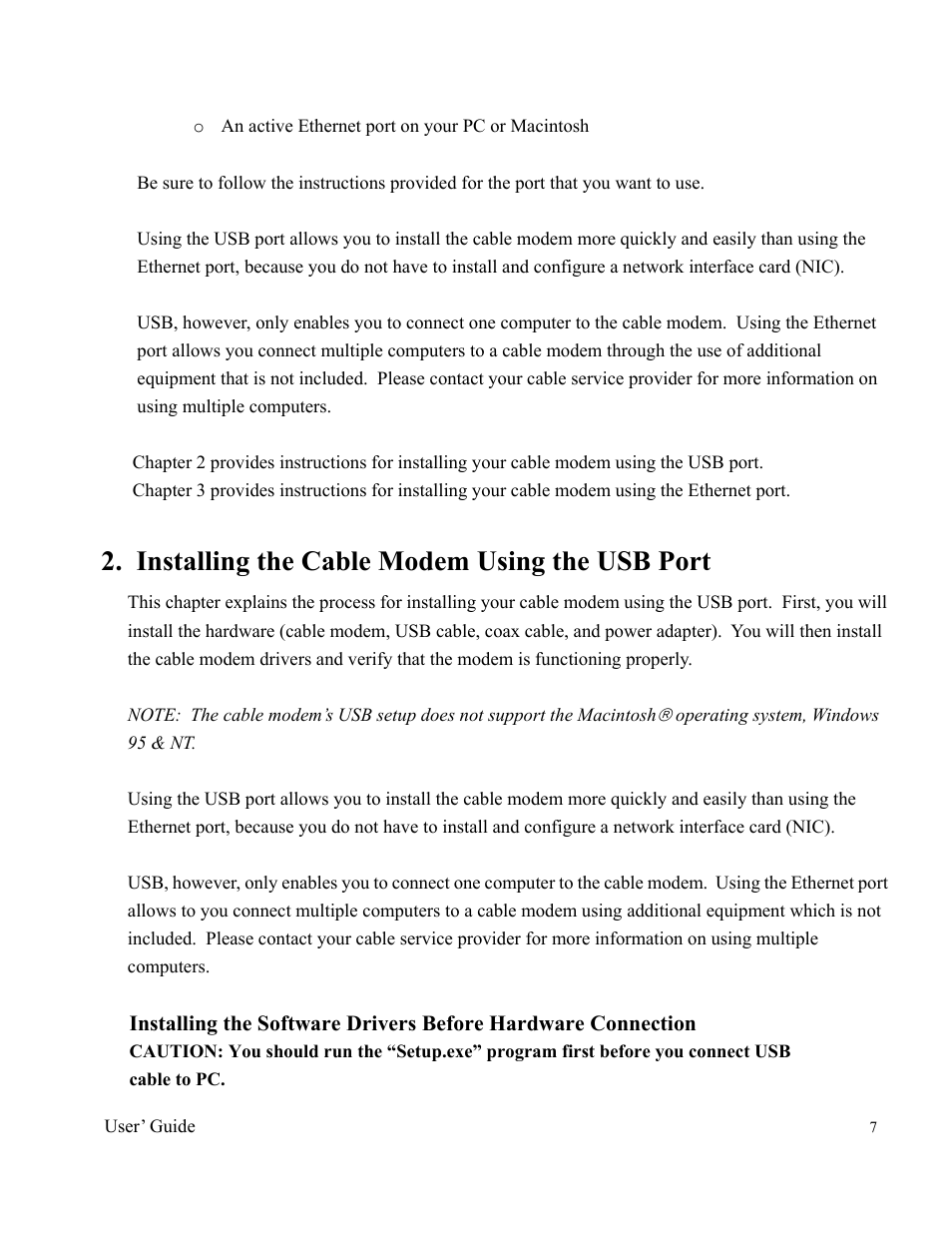 Installing the cable modem using the usb port | Orion 2000 User Manual | Page 7 / 80