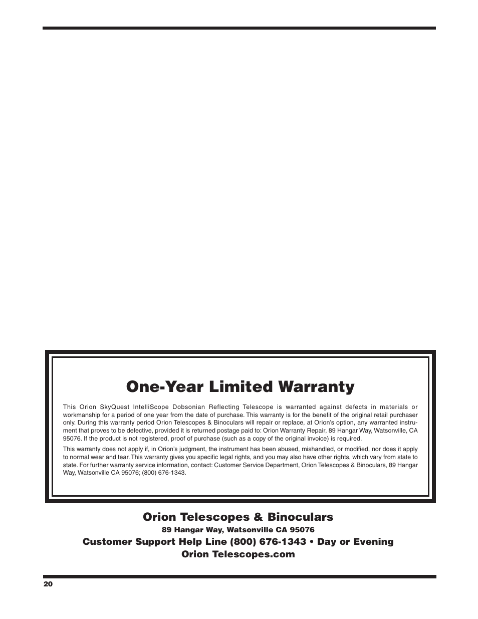 One‑year limited warranty, Orion telescopes & binoculars | Orion SKYQUEST XT8 User Manual | Page 20 / 20