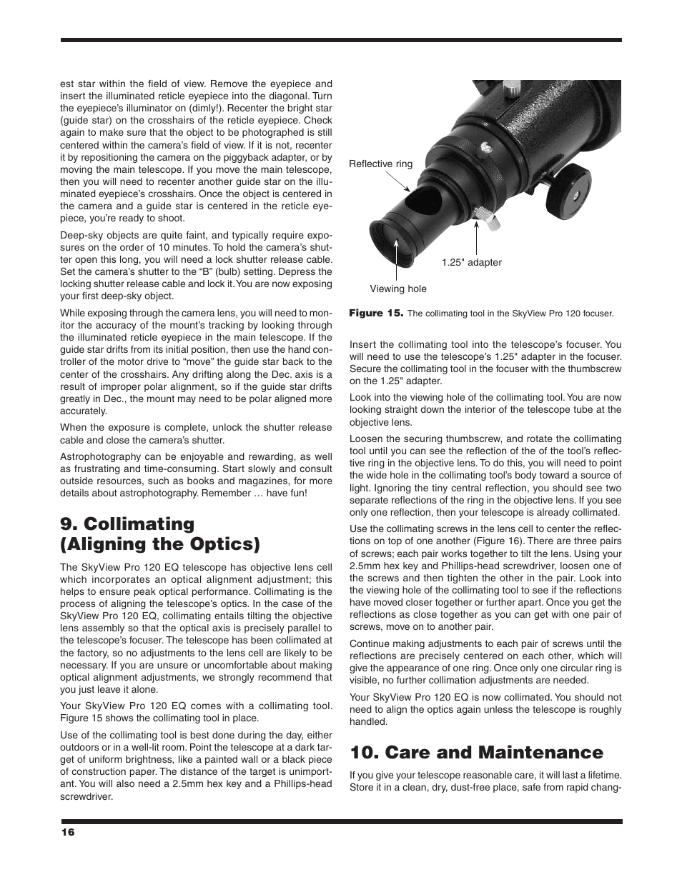 Collimating (aligning the optics), Care and maintenance | Orion SKYVIEW PRO 120 EQ User Manual | Page 16 / 18