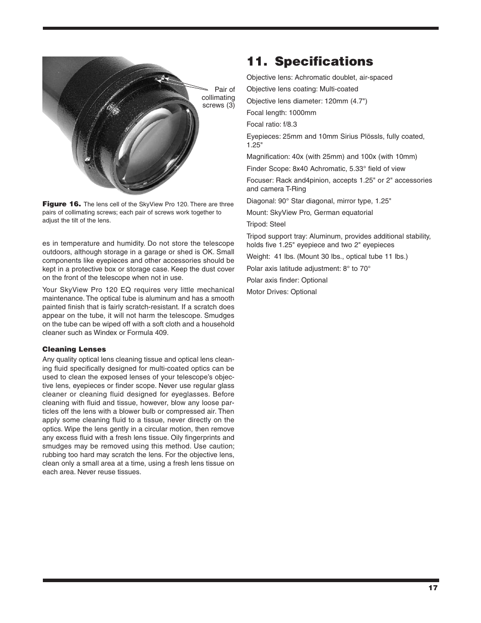 Specifications | Orion SKYVIEW PRO 120 EQ User Manual | Page 17 / 18