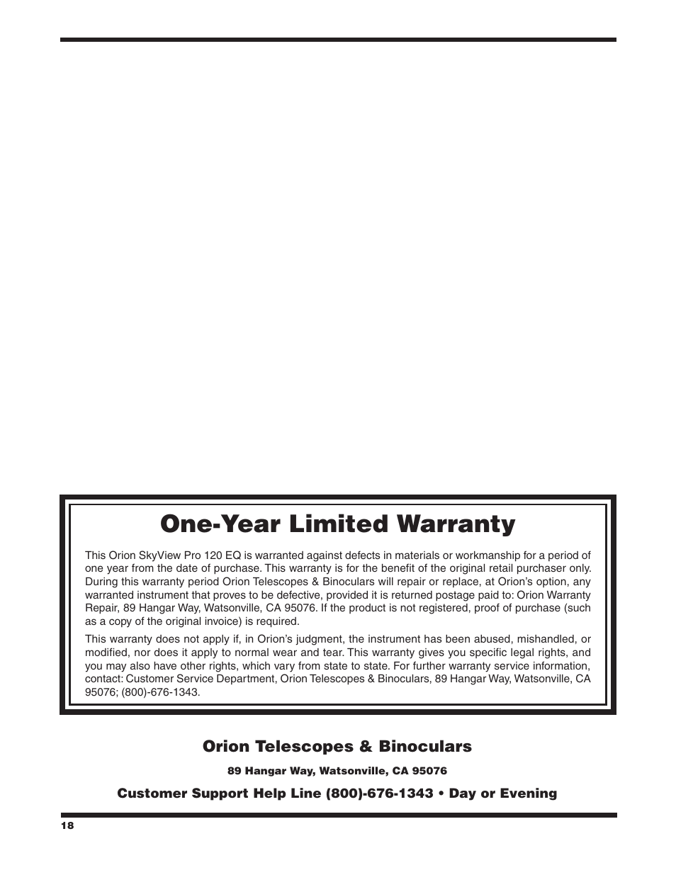 One‑year limited warranty | Orion SKYVIEW PRO 120 EQ User Manual | Page 18 / 18