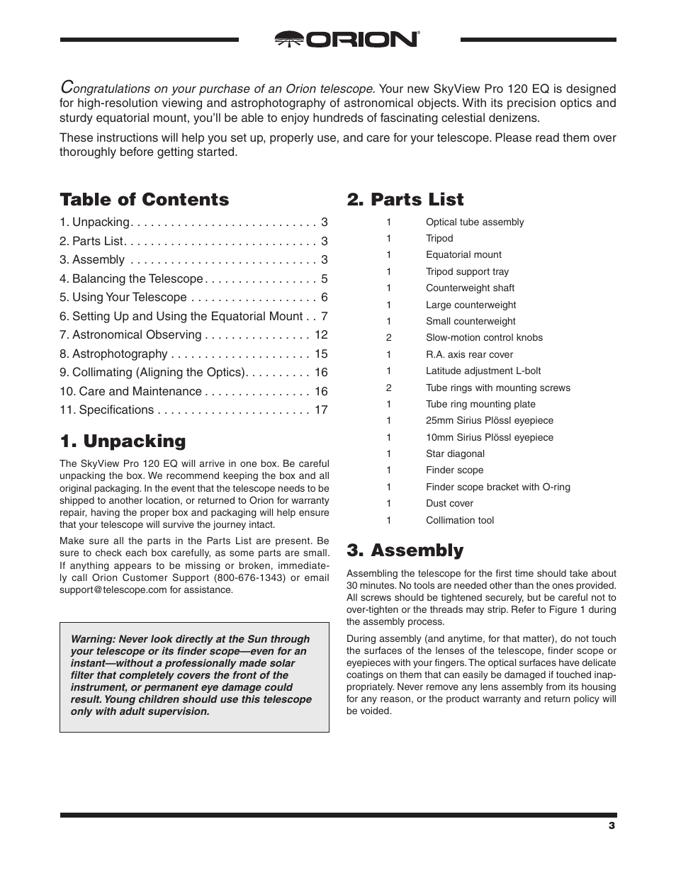 Orion SKYVIEW PRO 120 EQ User Manual | Page 3 / 18