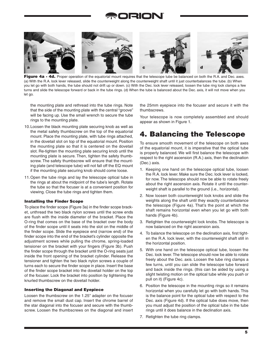 Balancing the telescope | Orion SKYVIEW PRO 120 EQ User Manual | Page 5 / 18