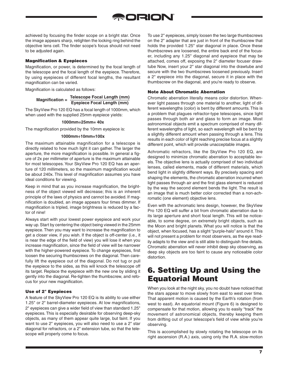 Setting up and using the equatorial mount | Orion SKYVIEW PRO 120 EQ User Manual | Page 7 / 18