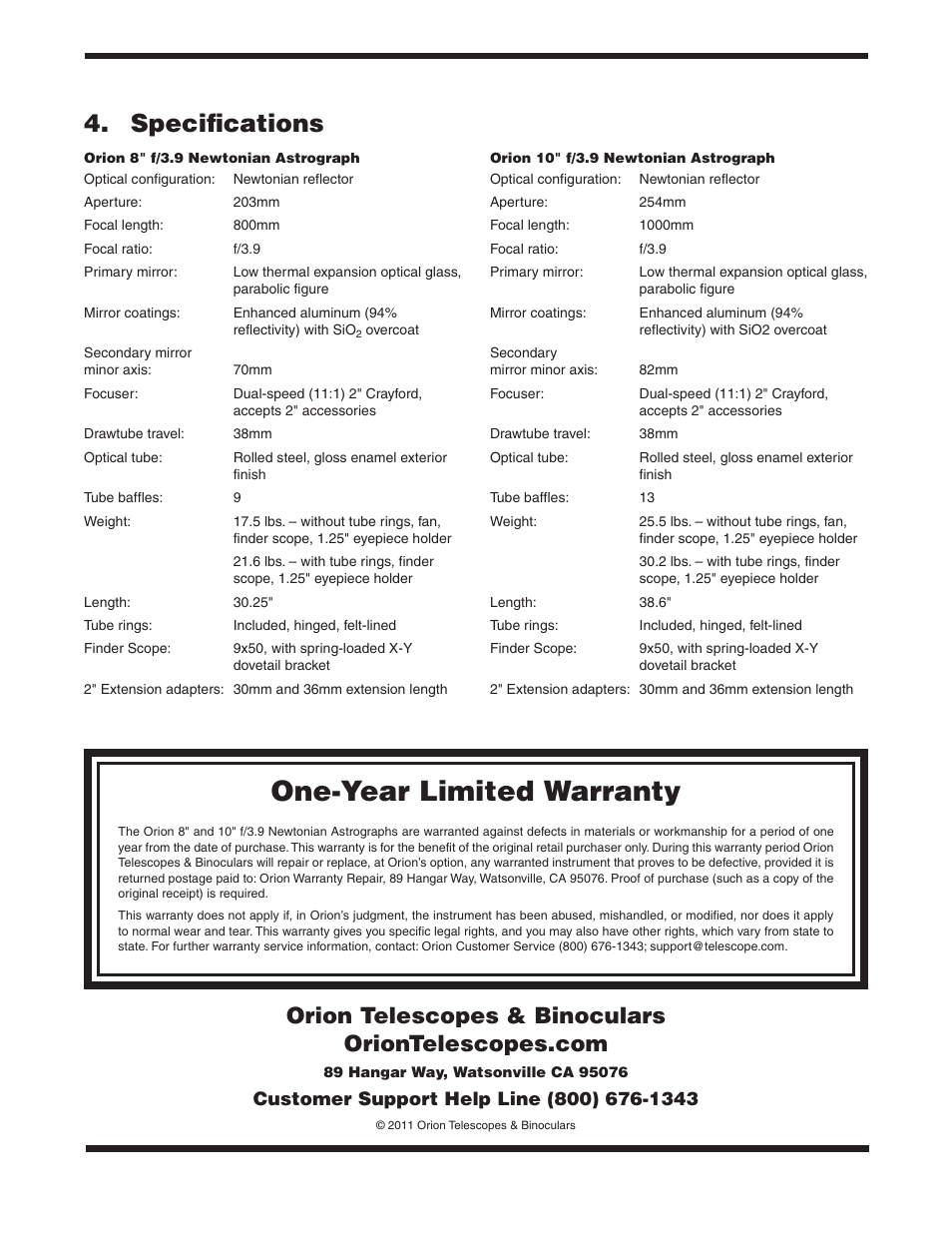 One-year limited warranty, Specifications | Orion #8297 8" F/3.9 User Manual | Page 12 / 12