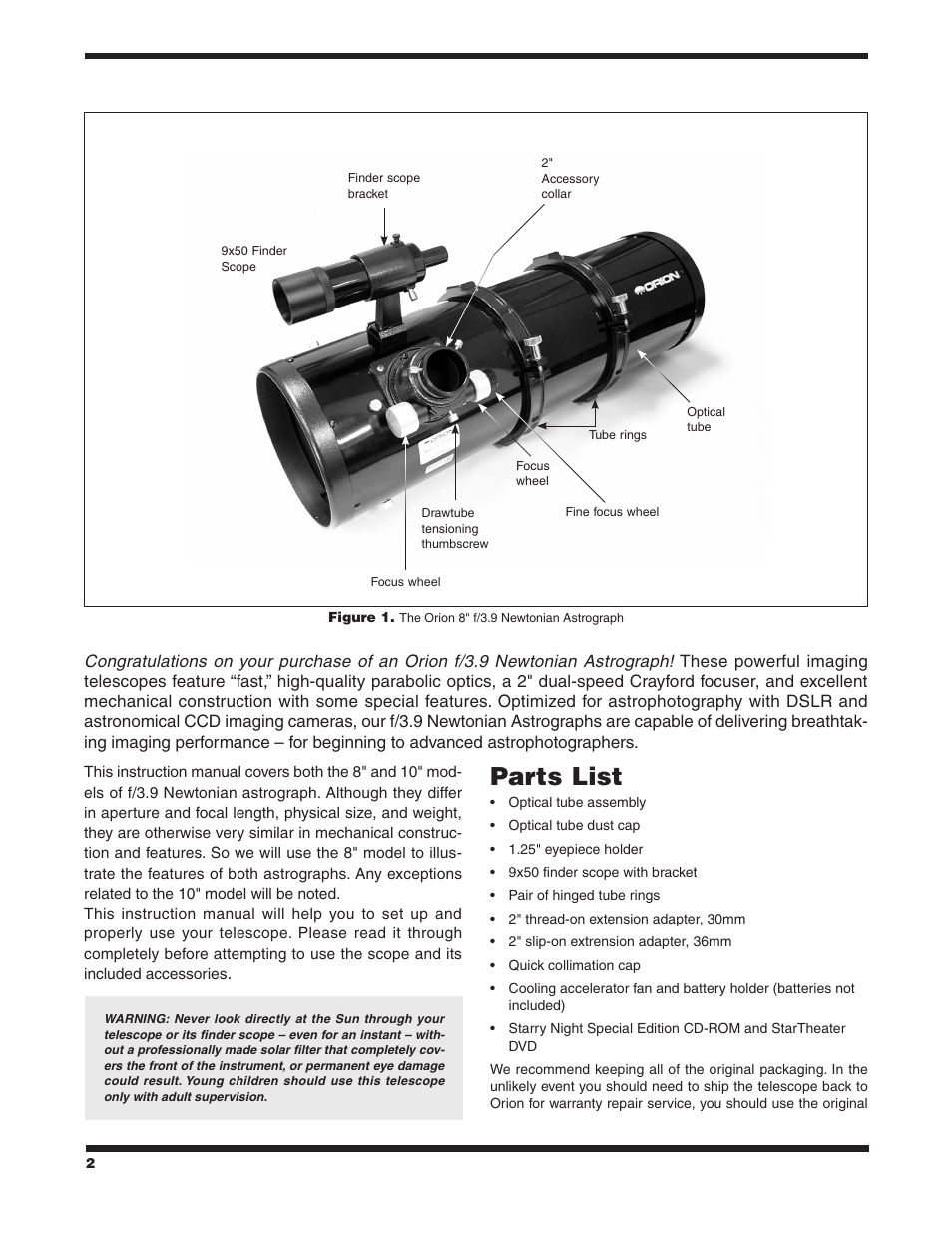 Parts list | Orion #8297 8" F/3.9 User Manual | Page 2 / 12