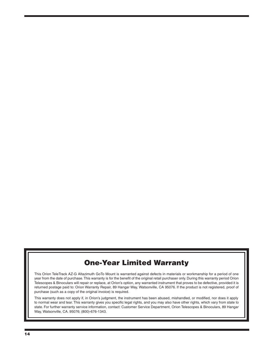 One-year limited warranty | Orion 9481 User Manual | Page 14 / 14