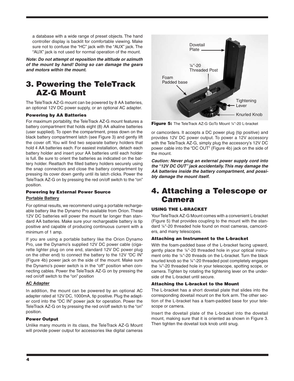 Powering the teletrack az‑g mount, Attaching a telescope or camera | Orion 9481 User Manual | Page 4 / 14