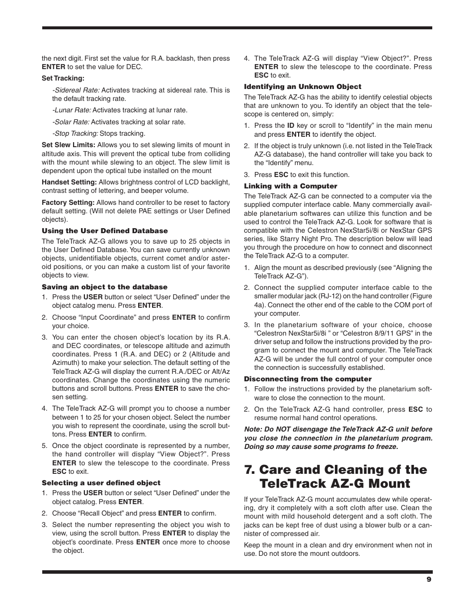 Care and cleaning of the teletrack az‑g mount | Orion 9481 User Manual | Page 9 / 14