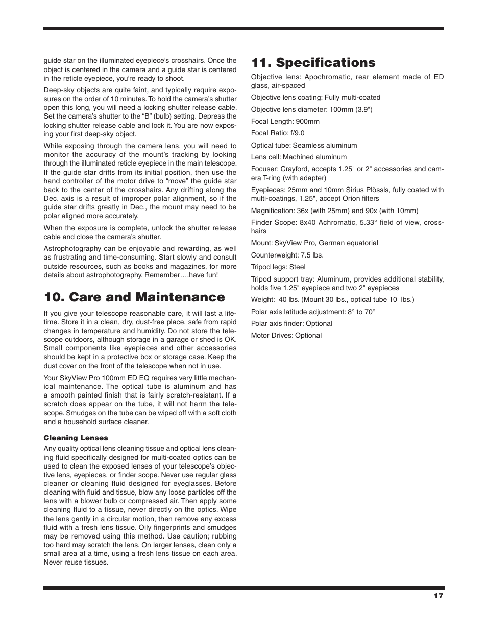 Care and maintenance, Specifications | Orion ED EQ User Manual | Page 17 / 18