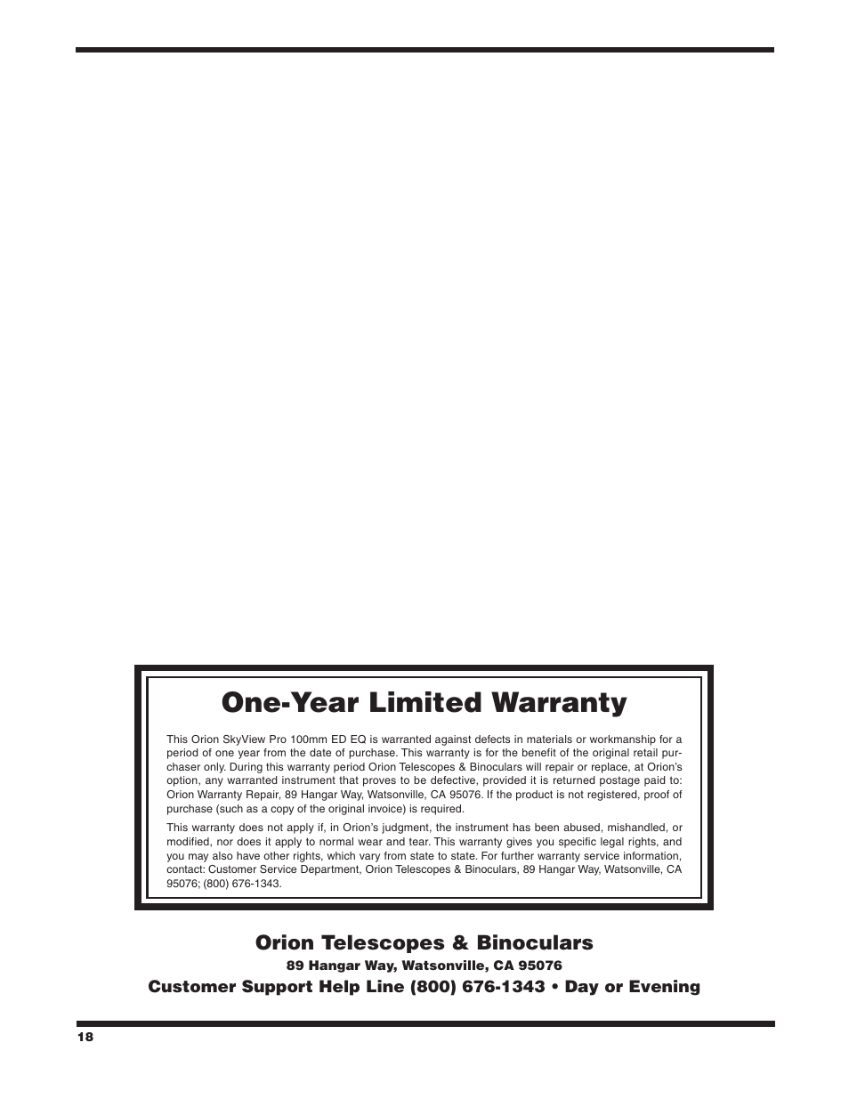 One-year limited warranty, Orion telescopes & binoculars | Orion ED EQ User Manual | Page 18 / 18