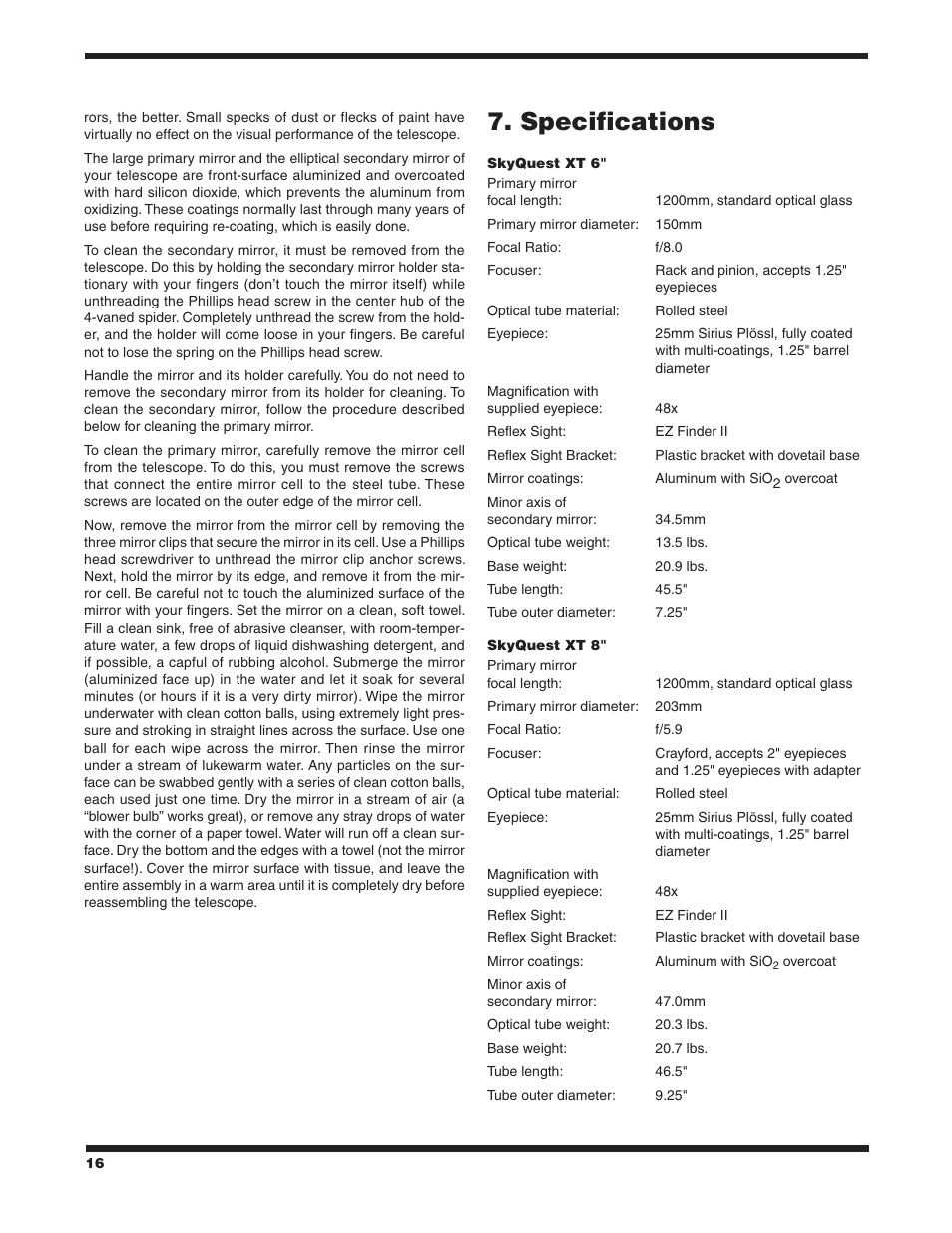 Specifications | Orion SKYQUEST XT10 CLASSIC User Manual | Page 16 / 18