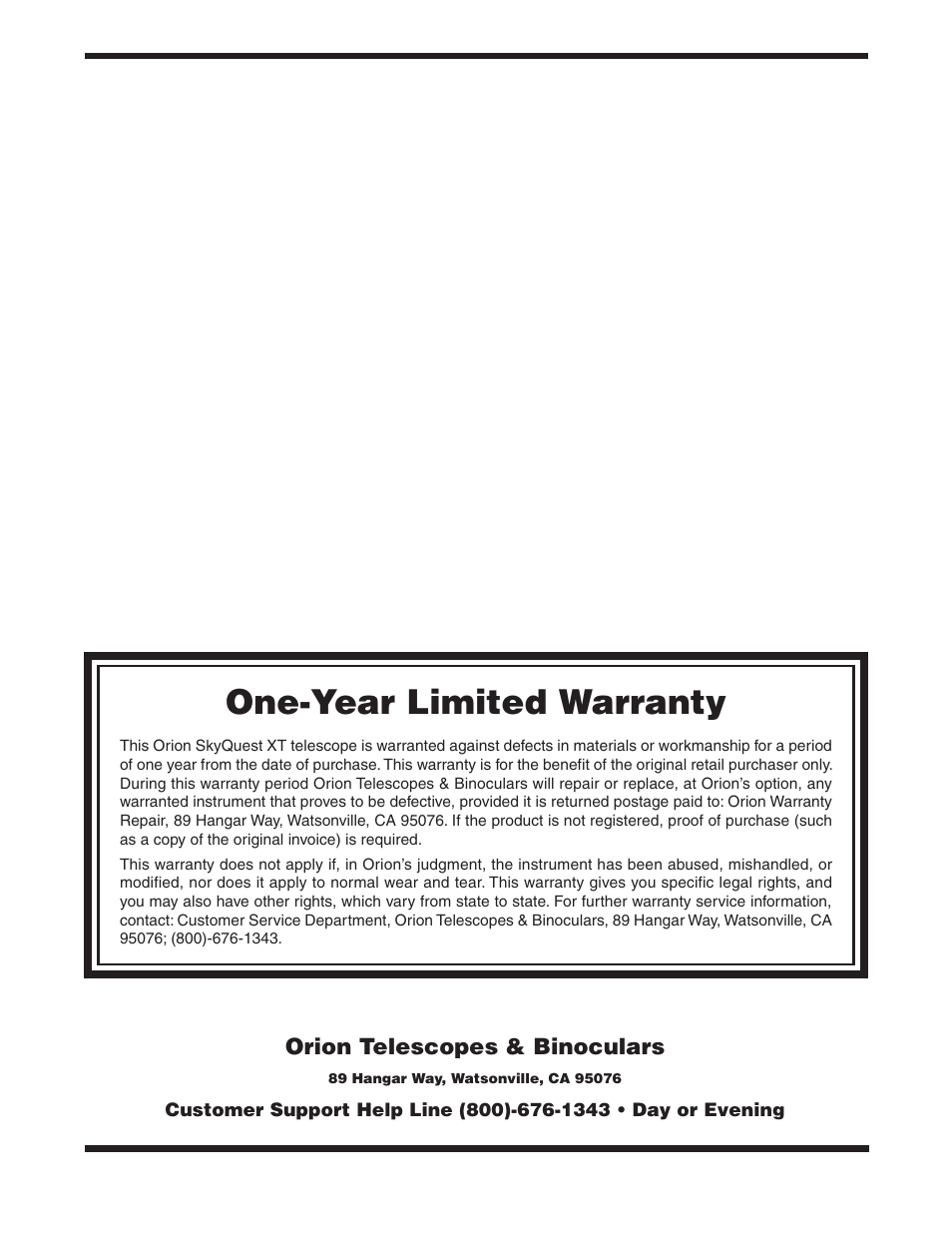 One-year limited warranty | Orion SKYQUEST XT10 CLASSIC User Manual | Page 18 / 18