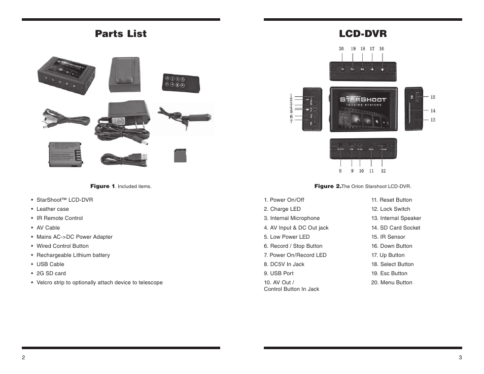 Lcd-dvr, Parts list | Orion STARSHOOT 58125 User Manual | Page 2 / 15