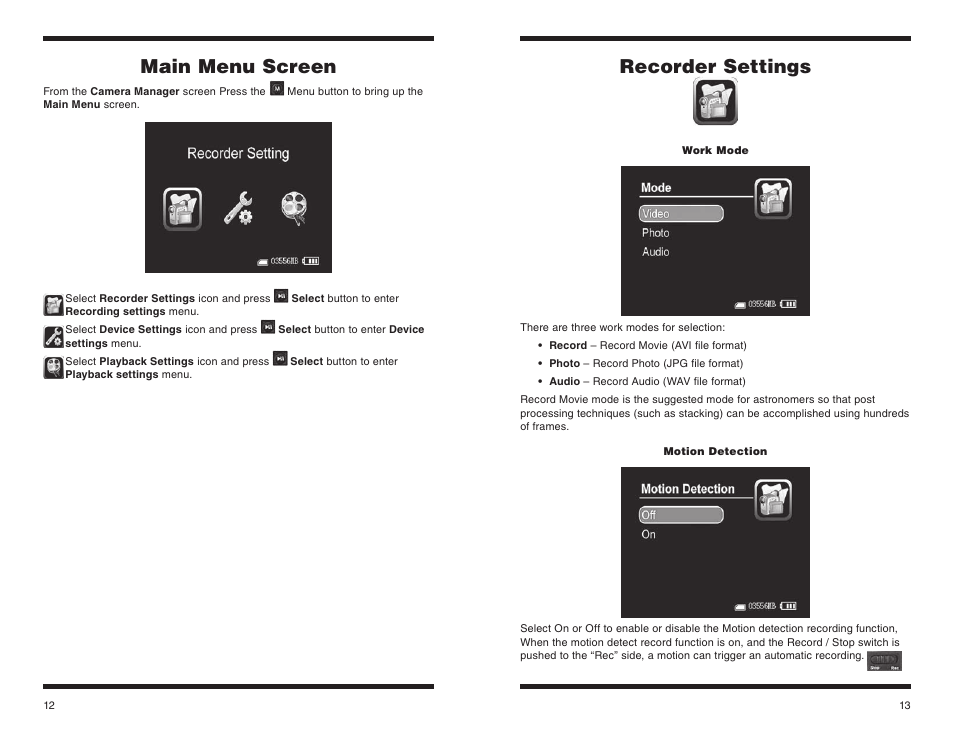Main menu screen, Recorder settings | Orion STARSHOOT 58125 User Manual | Page 7 / 15