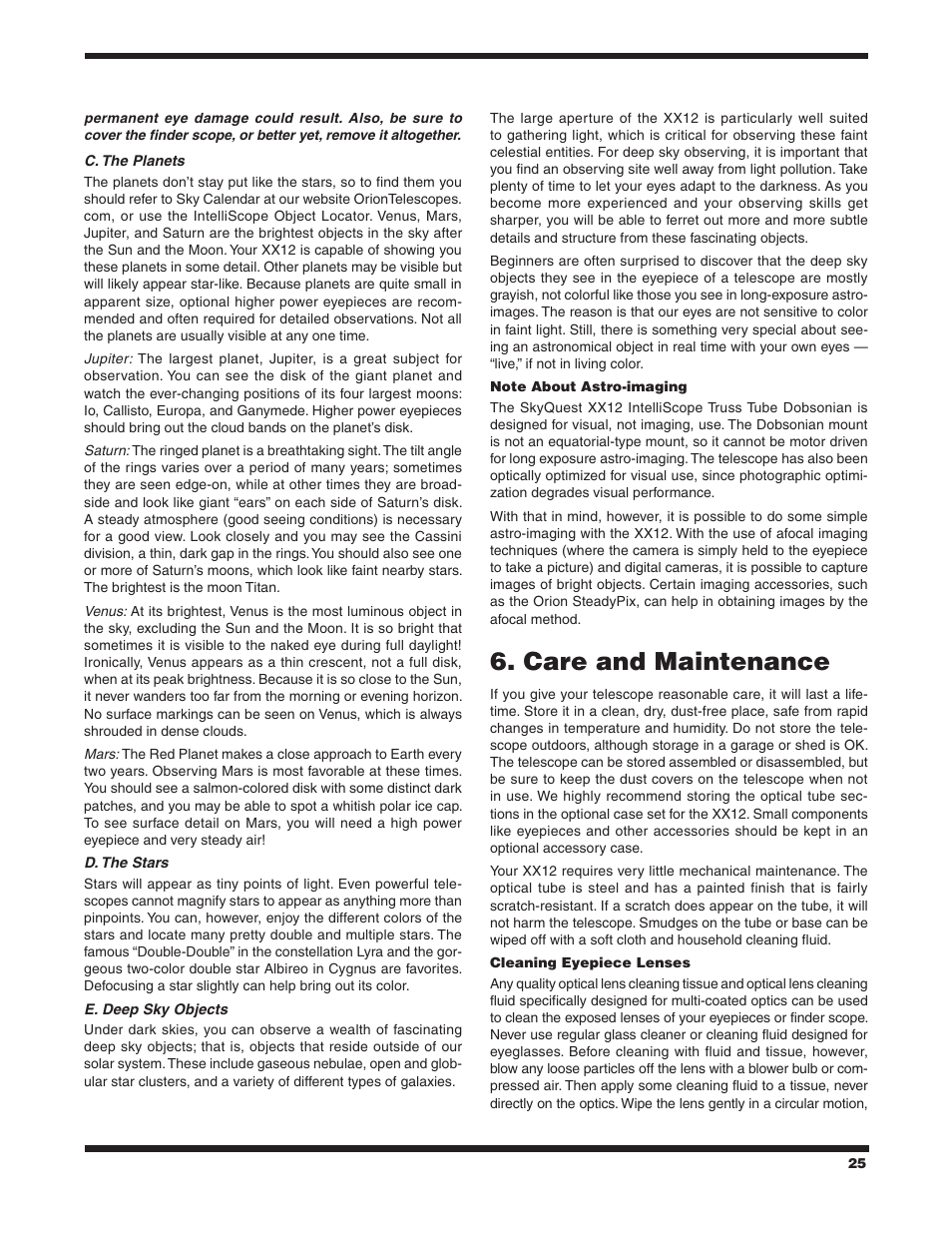 Care and maintenance | Orion SKYQUEST XX12 User Manual | Page 25 / 28