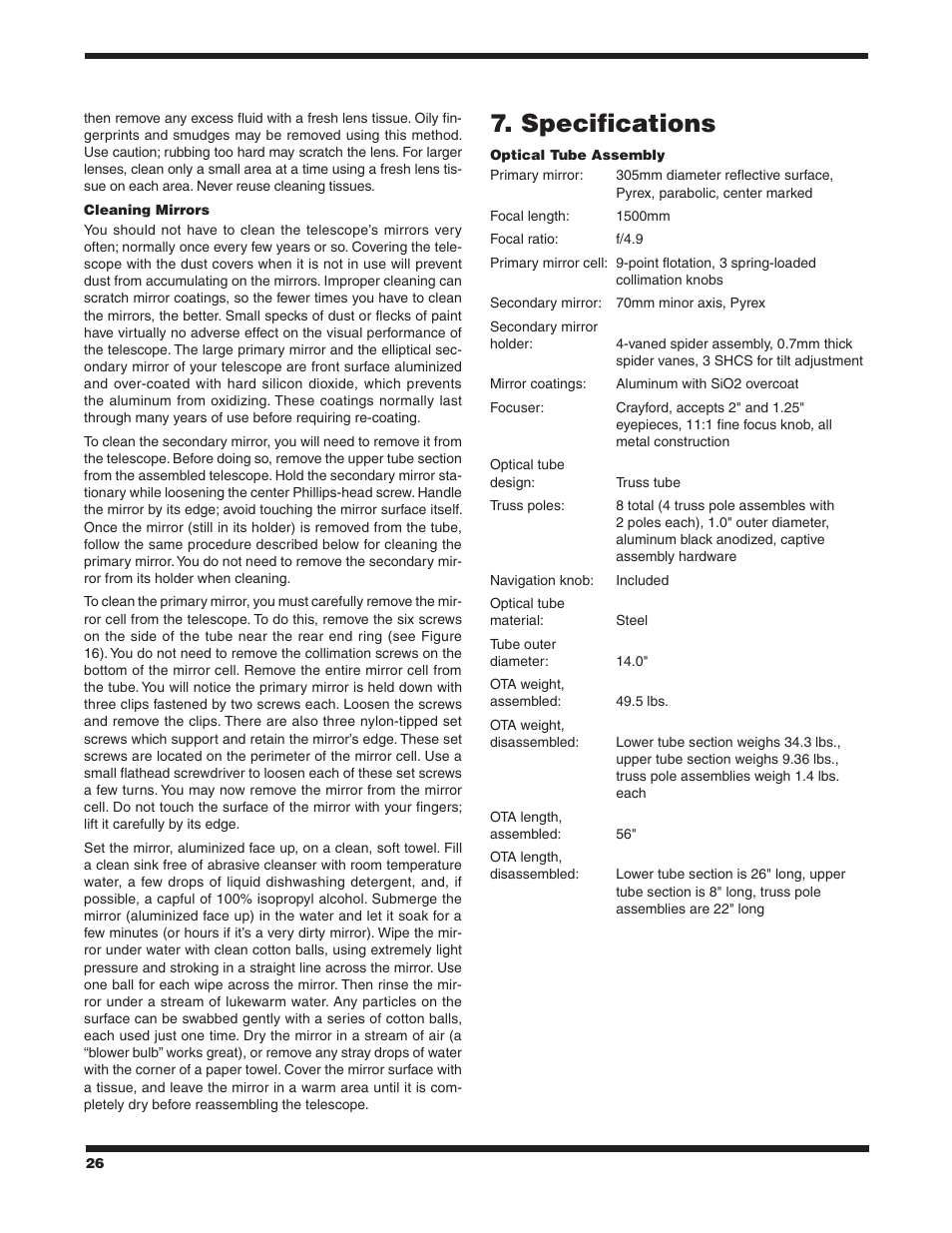 Specifications | Orion SKYQUEST XX12 User Manual | Page 26 / 28