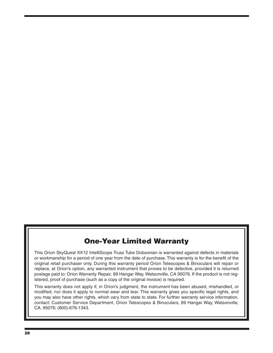 One-year limited warranty | Orion SKYQUEST XX12 User Manual | Page 28 / 28