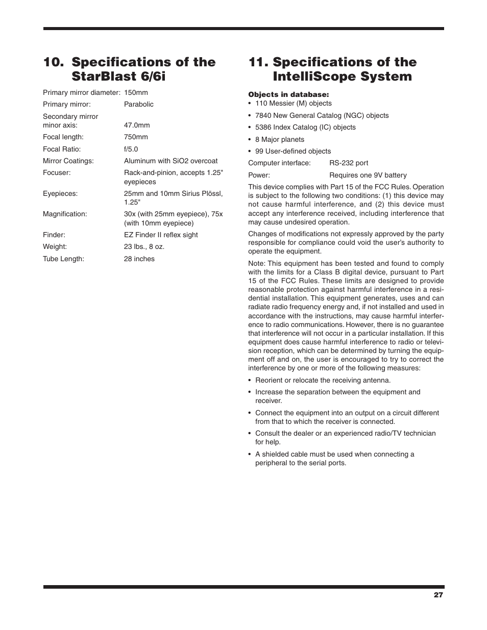 Specifications of the starblast 6/6i, Specifications of the intelliscope system | Orion STARBLAST 6/6I User Manual | Page 27 / 64