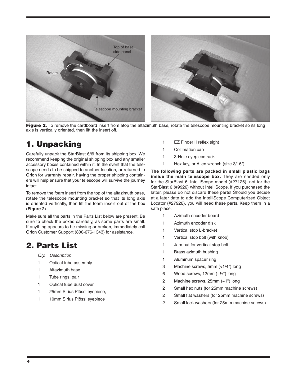 Unpacking, Parts list | Orion STARBLAST 6/6I User Manual | Page 4 / 64