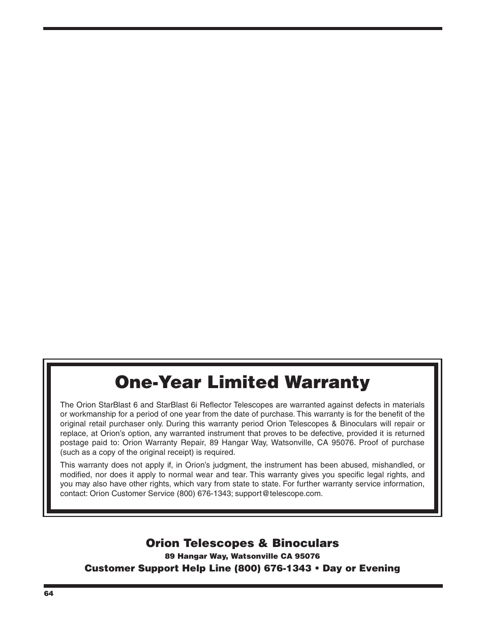 One-year limited warranty | Orion STARBLAST 6/6I User Manual | Page 64 / 64