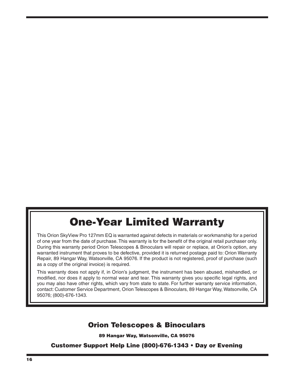 One‑year limited warranty | Orion SKYVIEW 9877 User Manual | Page 16 / 16