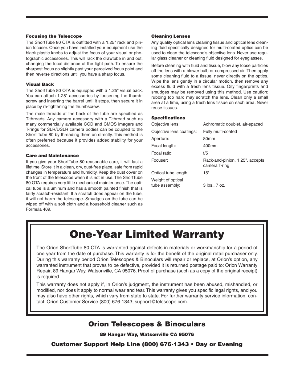 One-year limited warranty, Orion telescopes & binoculars | Orion SHORTTUBE 80 User Manual | Page 2 / 2