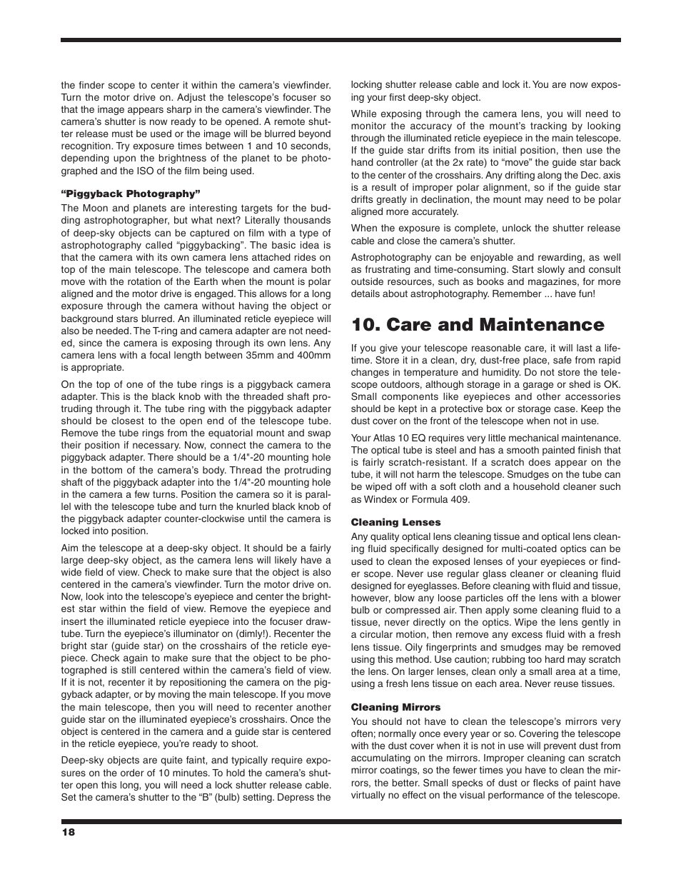 Care and maintenance | Orion ATLAS 10 EQ 9874 User Manual | Page 18 / 20