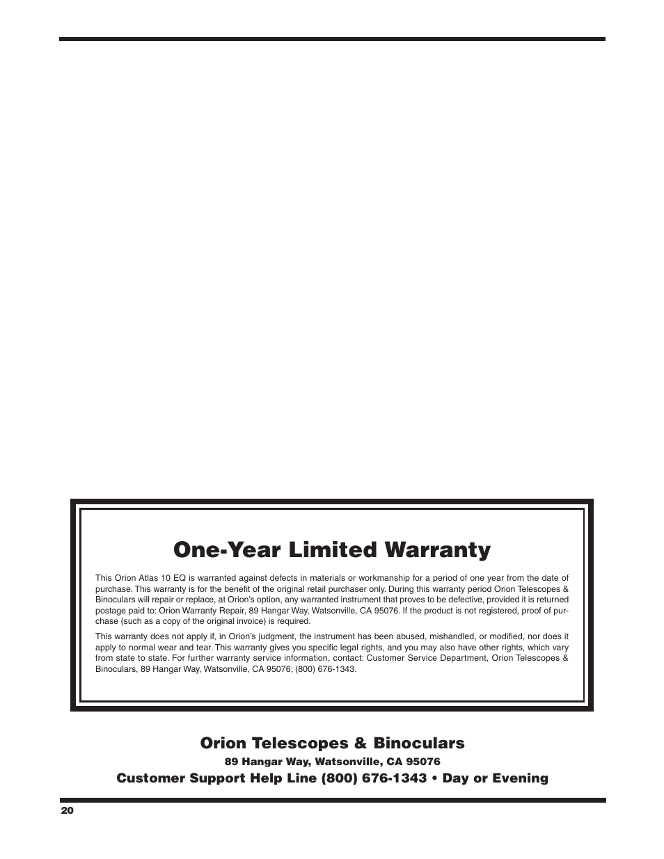 One‑year limited warranty, Orion telescopes & binoculars | Orion ATLAS 10 EQ 9874 User Manual | Page 20 / 20