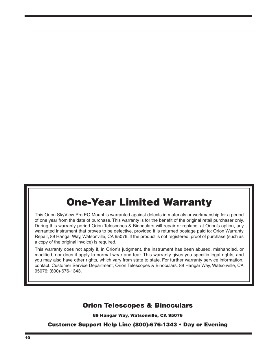 One‑year limited warranty | Orion SKYVIEW PRO 9829 User Manual | Page 10 / 10