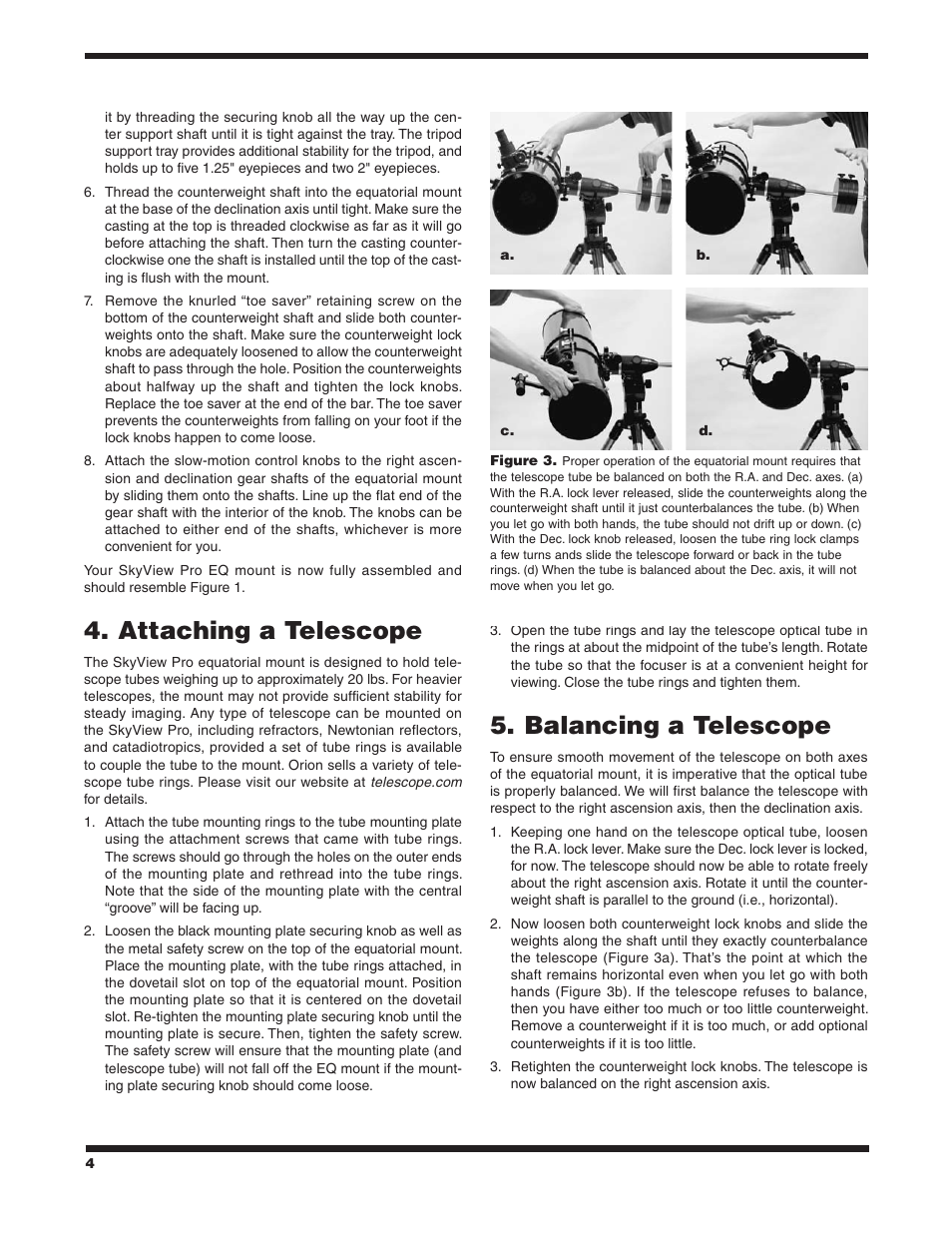 Attaching a telescope, Balancing a telescope | Orion SKYVIEW PRO 9829 User Manual | Page 4 / 10