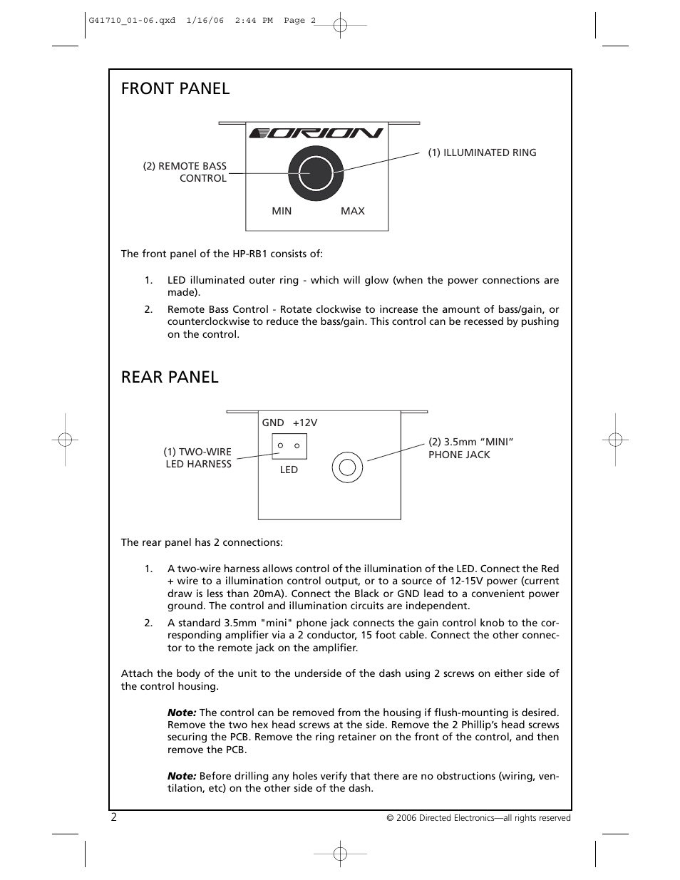 Front panel, Rear panel | Orion 41710 HP-RB1 User Manual | Page 3 / 7