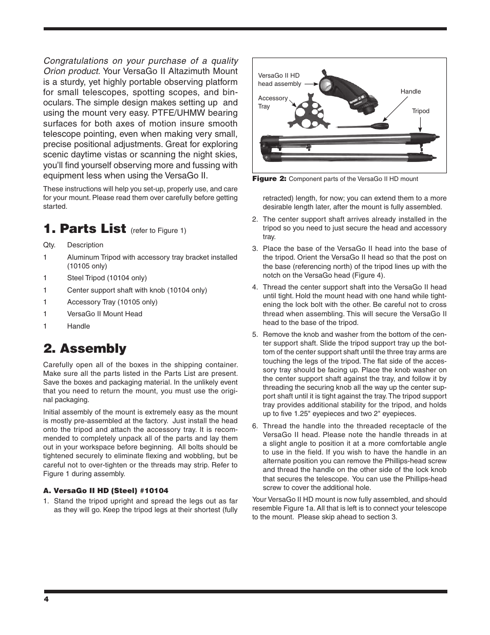 Parts list, Assembly | Orion VERSAGO #10105 User Manual | Page 4 / 8