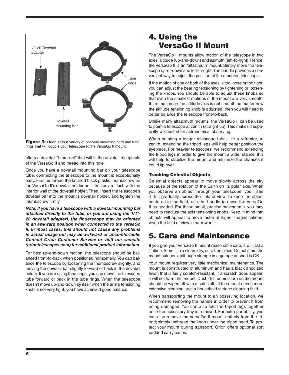 Using the versago ii mount, Care and maintenance | Orion VERSAGO #10105 User Manual | Page 6 / 8