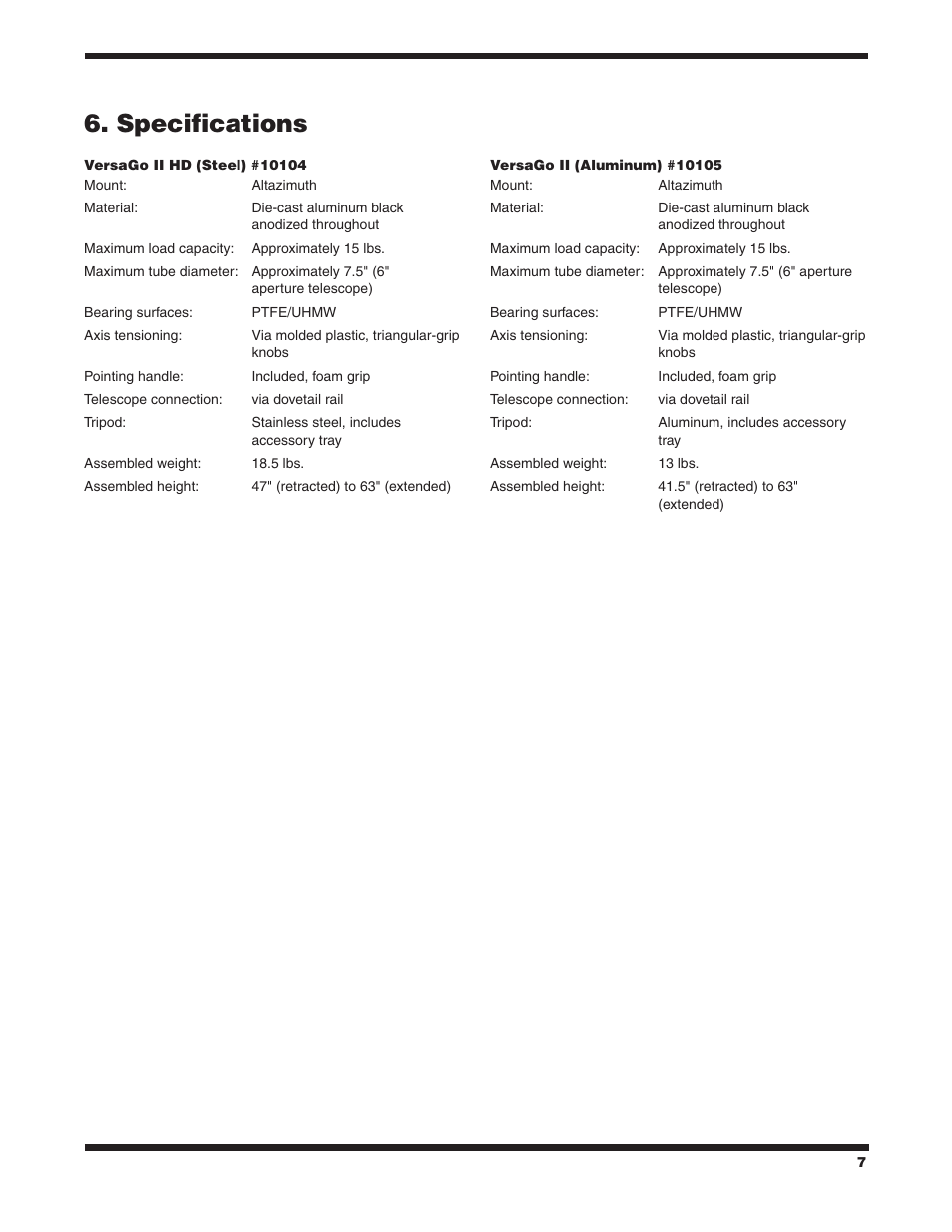 Specifications | Orion VERSAGO #10105 User Manual | Page 7 / 8