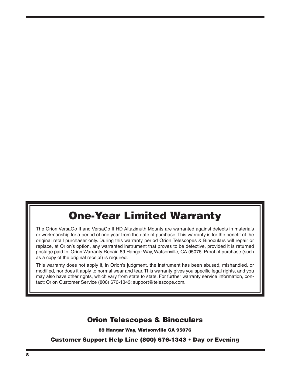 One-year limited warranty | Orion VERSAGO #10105 User Manual | Page 8 / 8